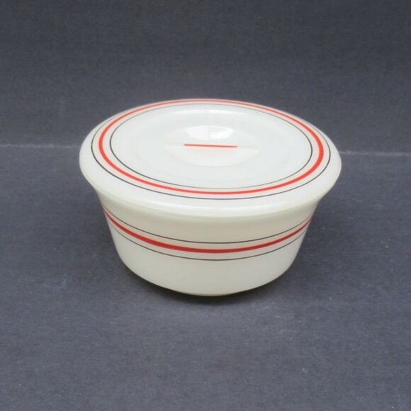 Hazel Atlas White with Red and Black Striped 5 Inch REFRIGERATOR Dish with Lid - Picture 1 of 4